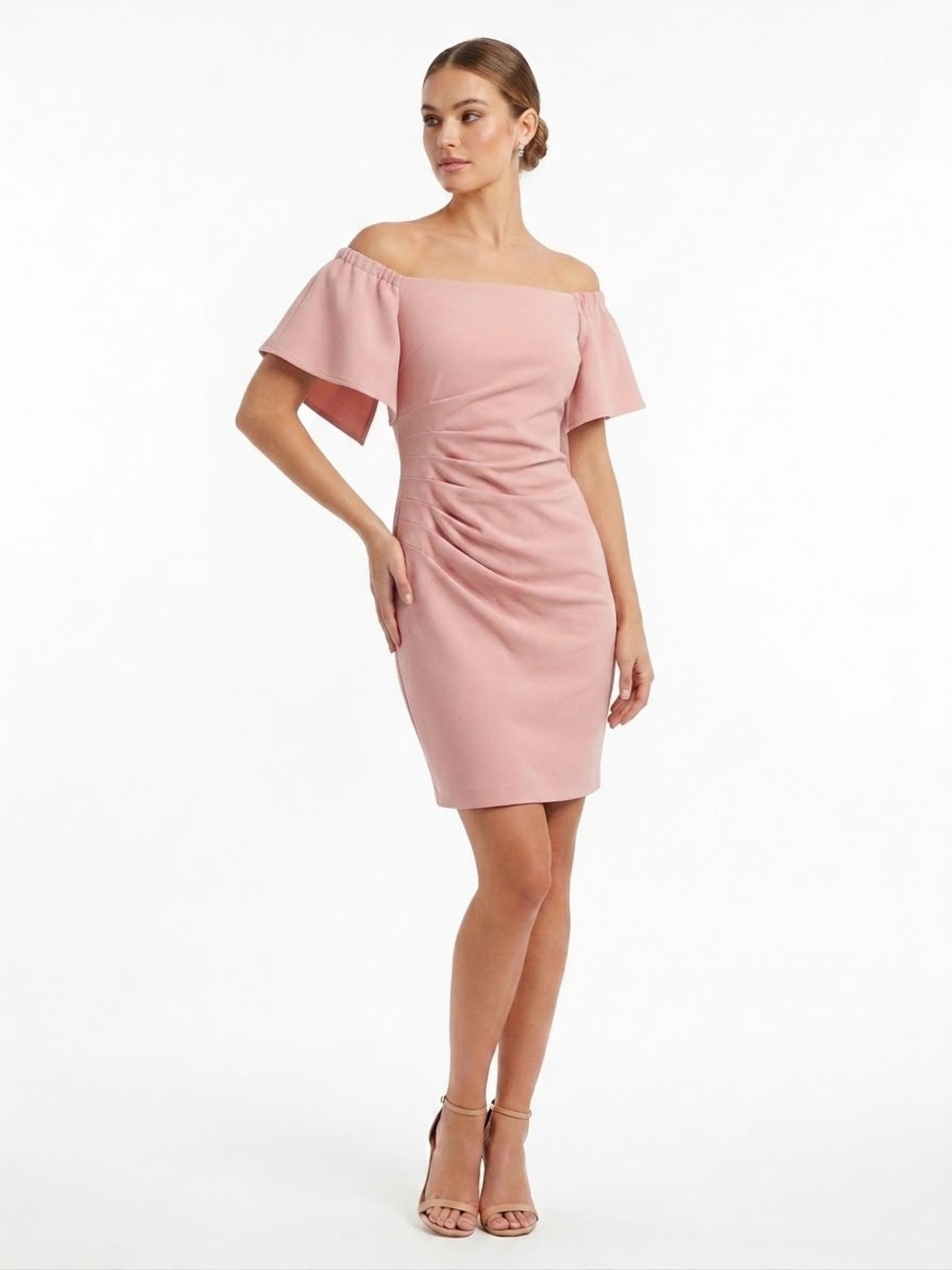 Belle Badgley Mischka Blush Pink Off Shoulder Ruched Mini Dress Size 2
